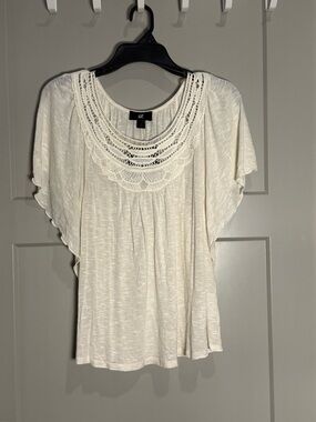 Iz Byer White Lace Crochet Yoke Blouse Boho Flutter Sleeve Cottagecore XL